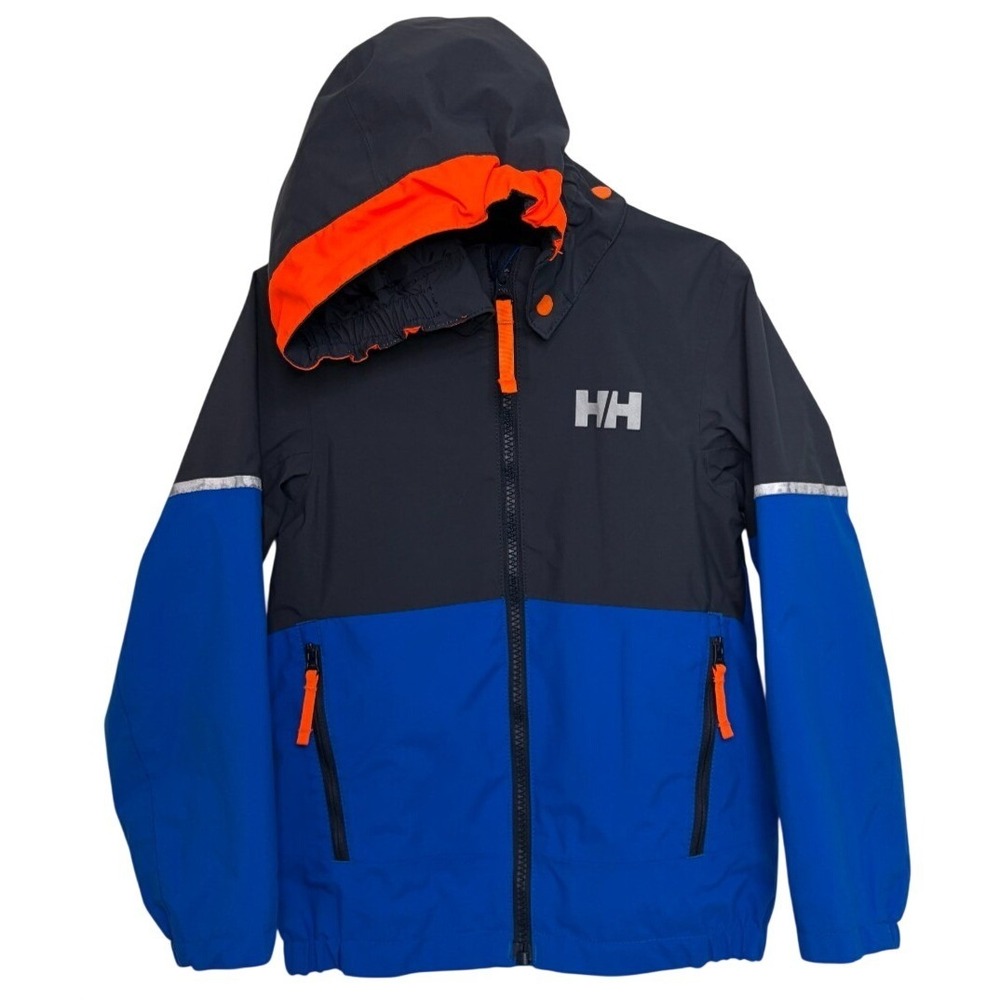Helly Hansen Kids Jacket Hood Waterproof Youth Boy 6 Blue Reflective Orange Sogn